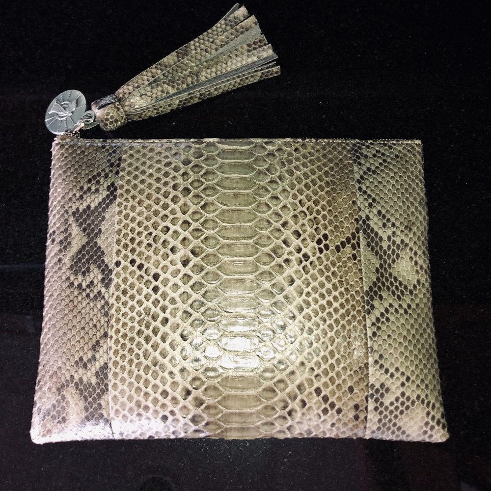 SAGE GREEN PYTHON CLUTCH WITH TASSEL AND MEDALLION